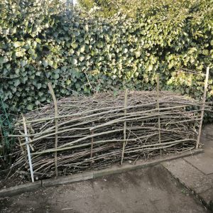 Hier entsteht eine Benjeshecke: lose geschichtetes Totholz schafft Struktur im Garten, bietet Unterschlupf für Kleintiere, fördert die Artenvielfalt und zersetzt sich langsam zu wertvollem Humus. Eine einfache und natürliche Lösung mit großer Wirkung.